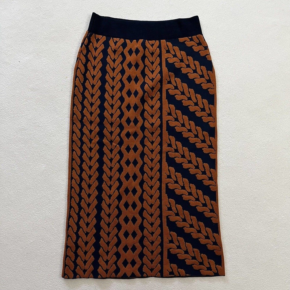 NWT Anthropologie Maeve Navy Blue Motif Orange Knit Knee Length Pencil Skirt XS - Picture 8 of 8